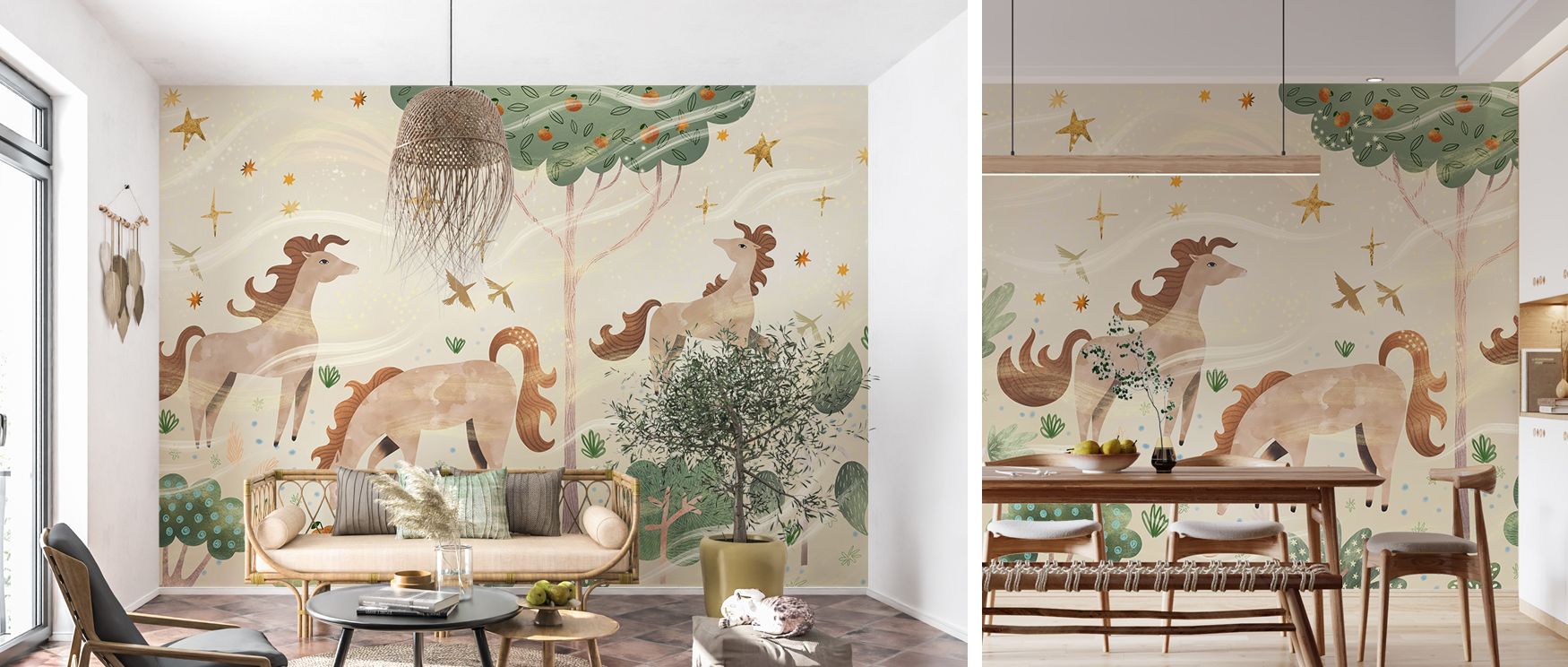Gentle patterns of horses in soft ecru shades sweep across walls with elegance, adding whimsical artistry to bedrooms or children’s spaces. This wallpaper enriches interiors with calm sophistication, creating a sanctuary atmosphere that blends beauty, tra
