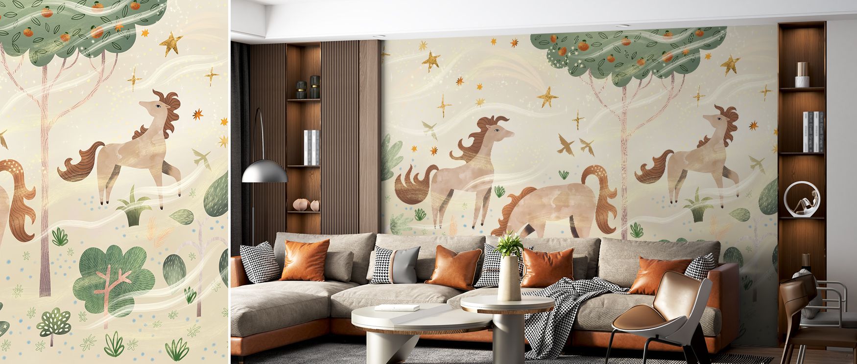Delicate ecru horse illustrations create wallpaper that radiates tranquility and enchantment, bringing warmth and charm to nurseries or bedrooms. This design balances whimsy and sophistication, enriching interiors with soft artistry that invites calm refl