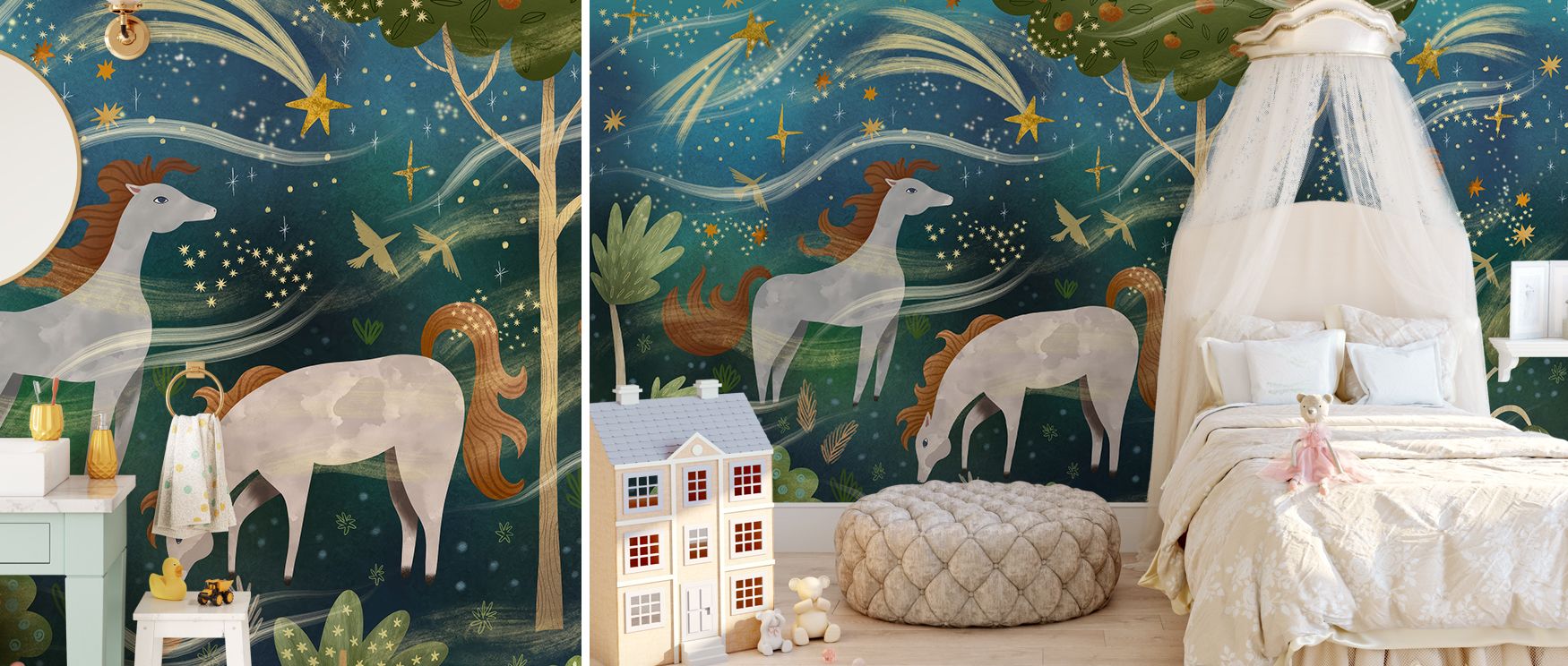 The bold palette of midnight blue combined with whimsical horse designs transforms interiors into dramatic sanctuaries of artistry. This wallpaper fills bedrooms, living rooms, or feature walls with charm, mystery, and timeless character that inspires won