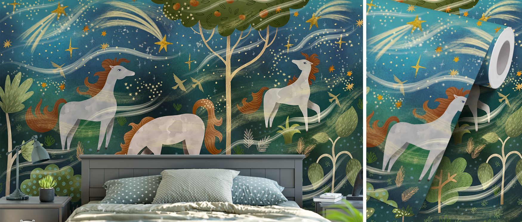 Midnight blue horses illustrated with enchanting detail create wallpaper that combines whimsy and boldness, adding depth to interiors. This design transforms bedrooms or feature walls into artistic backdrops filled with charm, elegance, and magical imagin