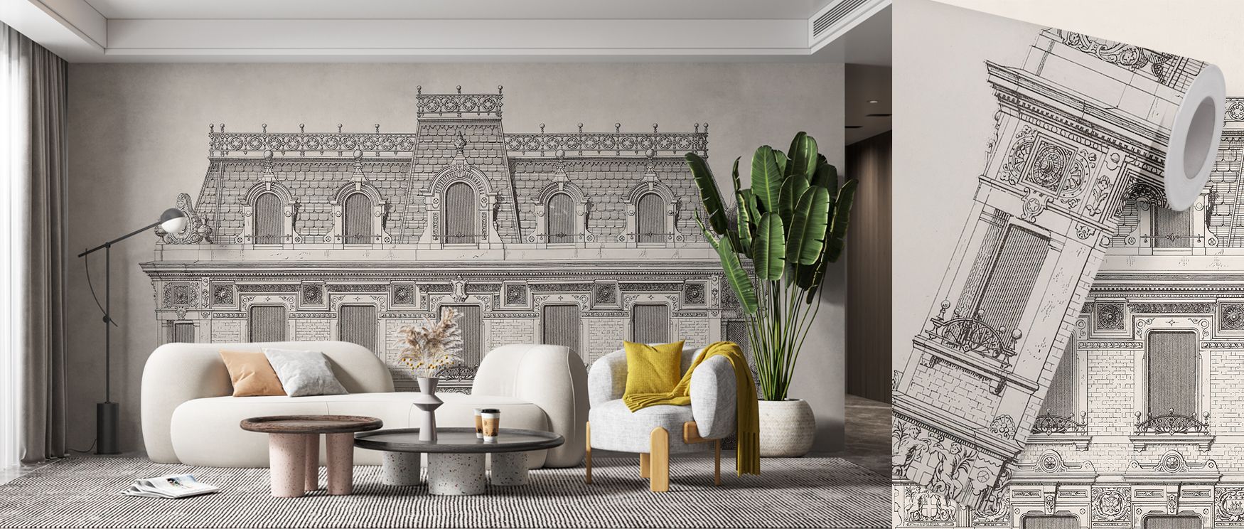 Picadilly facade wallpaper mural captures historic architectural details with artistry, enriching interiors with cultural charm. Living rooms or lounges transform into elegant spaces filled with history and refinement. 