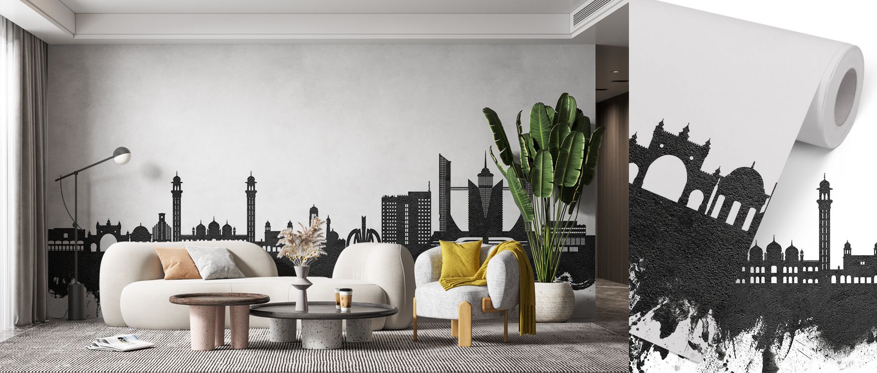 A detailed skyline mural of Faislabad rendered in black and white brings sophistication and urban character to interiors. Offices or living rooms are enriched with bold artistry and architectural pride, turning spaces into refined reflections of city char