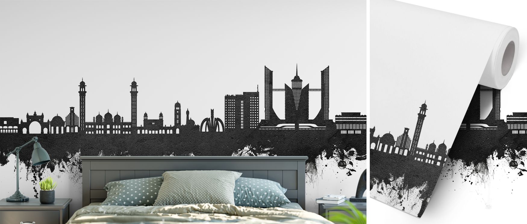 This monochrome Faislabad skyline wallpaper showcases striking contrasts of black and white, transforming interiors into modern sanctuaries of sophistication. Bedrooms or workspaces shine with sleek artistry that balances urban pride with contemporary ele