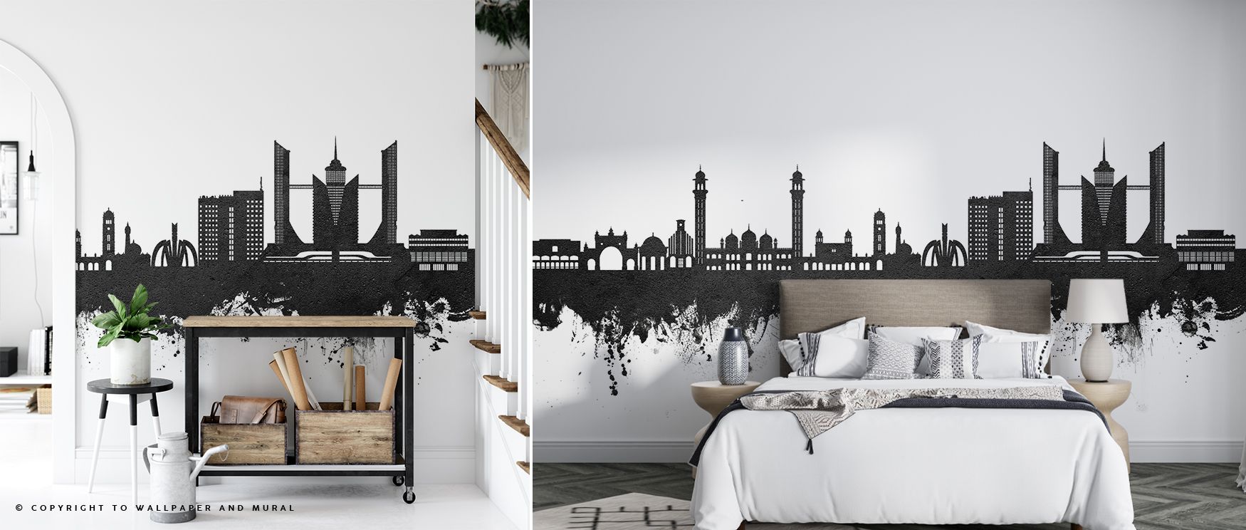 Faislabad skyline wall design in striking monochrome captures bold architecture with modern elegance. Interiors become stylish sanctuaries of culture and sophistication, ideal for living rooms, studies, or offices that celebrate contemporary artistry. 