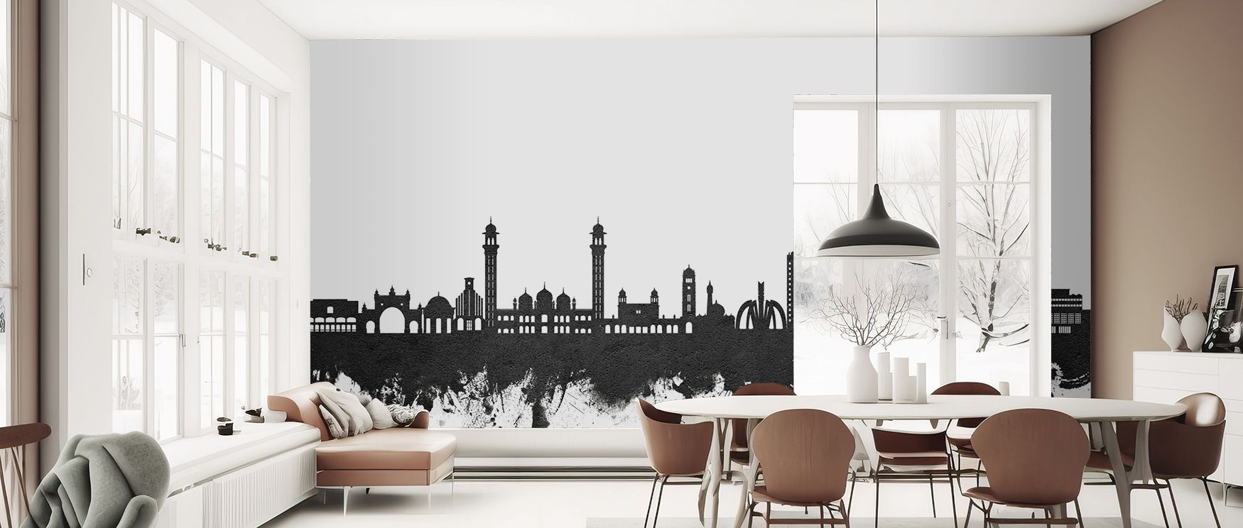 A cityscape wallpaper featuring Faislabad in black and white transforms interiors with bold artistry. Bedrooms or workspaces shine with sophistication and cultural pride, creating refined atmospheres filled with charm and elegance. 