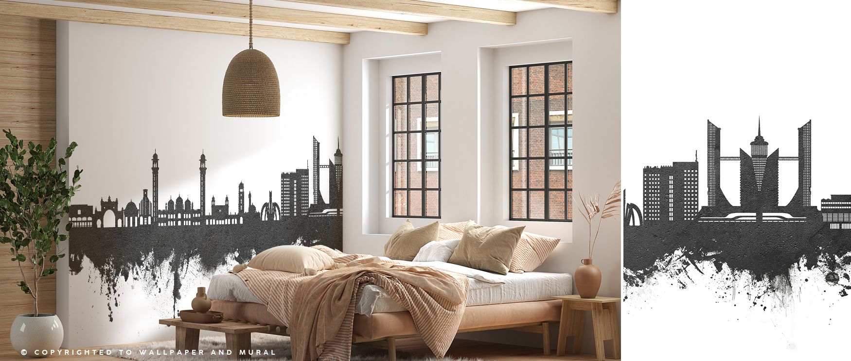 A striking monochrome skyline wallpaper of Faislabad transforms interiors into cultural sanctuaries. Bedrooms or workspaces glow with elegance, architectural pride, and artistic depth, turning walls into modern statements filled with charm. 