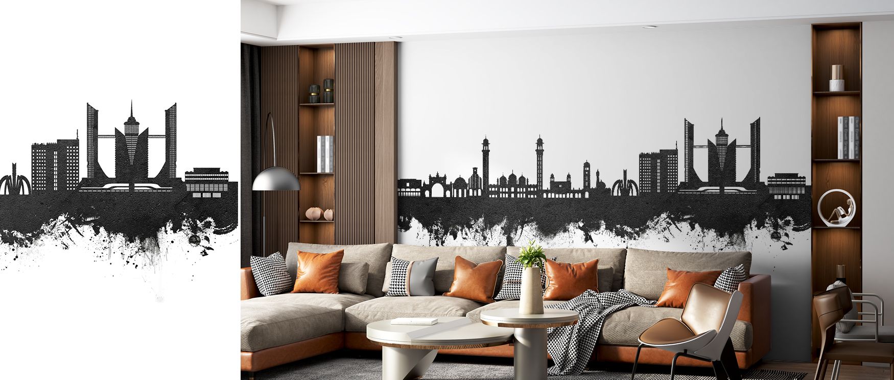 This black and white Faislabad skyline wallpaper mural creates bold interiors filled with urban artistry and sophistication. Living rooms or offices become stylish backdrops that celebrate culture and city pride in sleek monochrome tones. 