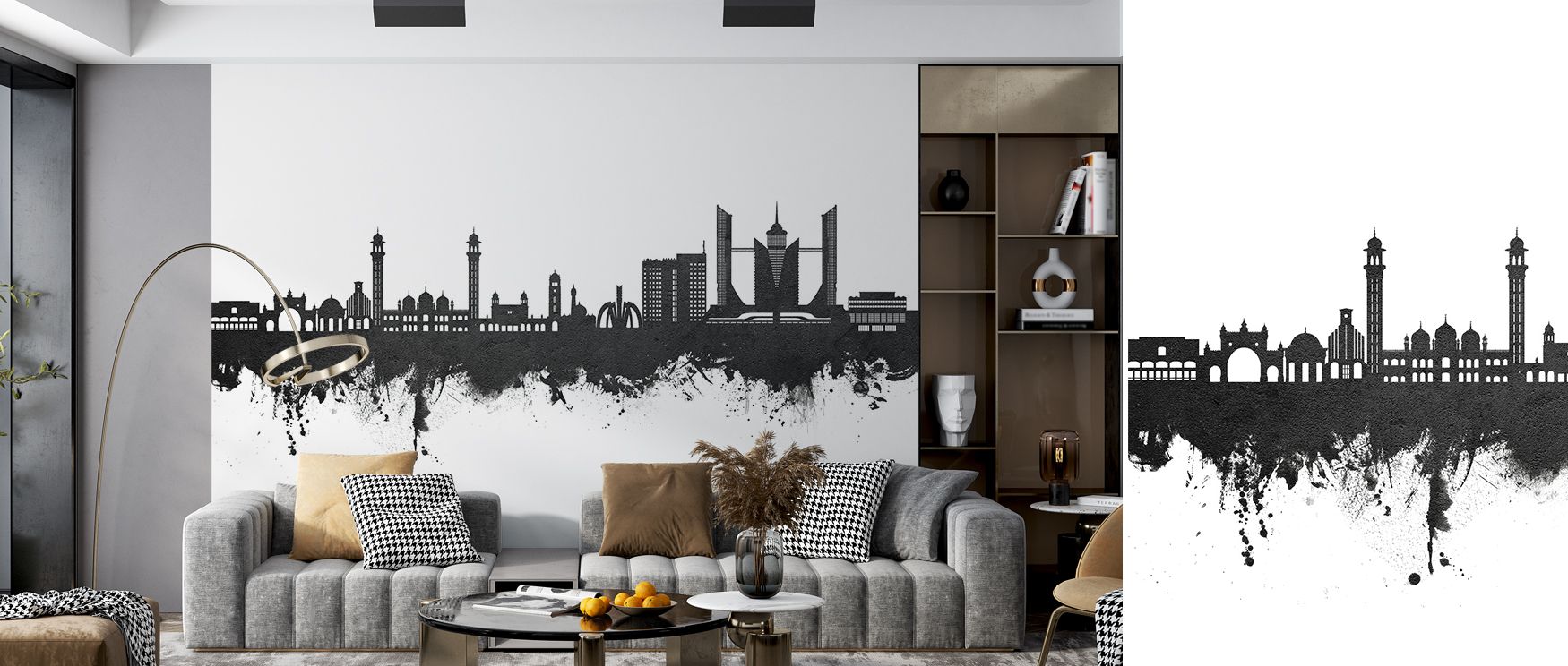 Faislabad skyline mural in striking black and white adds cultural artistry to interiors. Offices or living rooms glow with architectural pride, creating elegant sanctuaries enriched with timeless charm and modern refinement. 