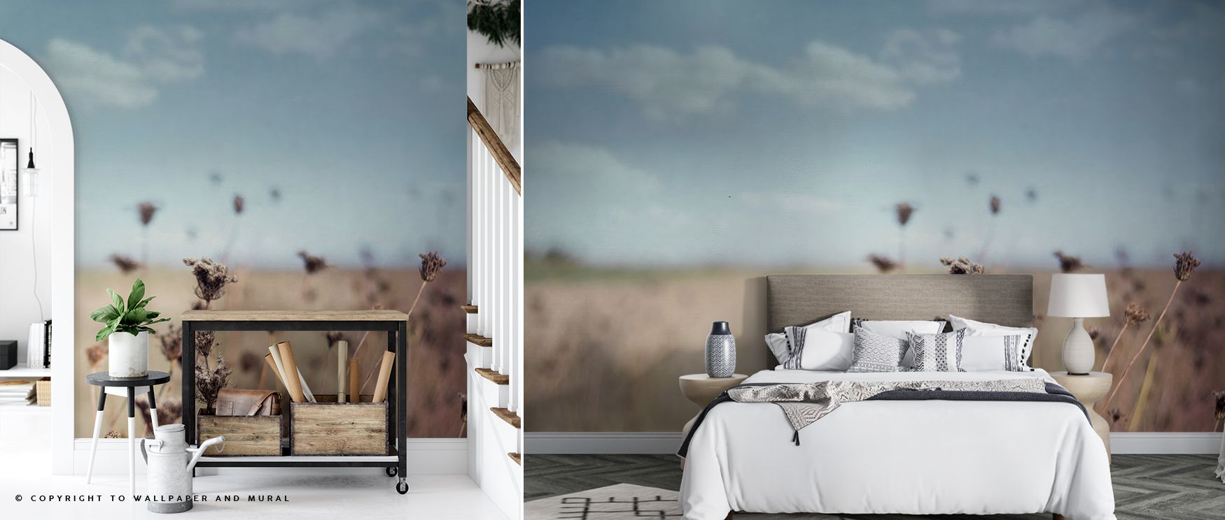Falling floral wallpaper mural featuring Queen Annes Lace creates interiors filled with delicate elegance and grace. Living rooms or bedrooms glow with calm beauty, turning walls into soft artistic statements enriched with natural charm. 