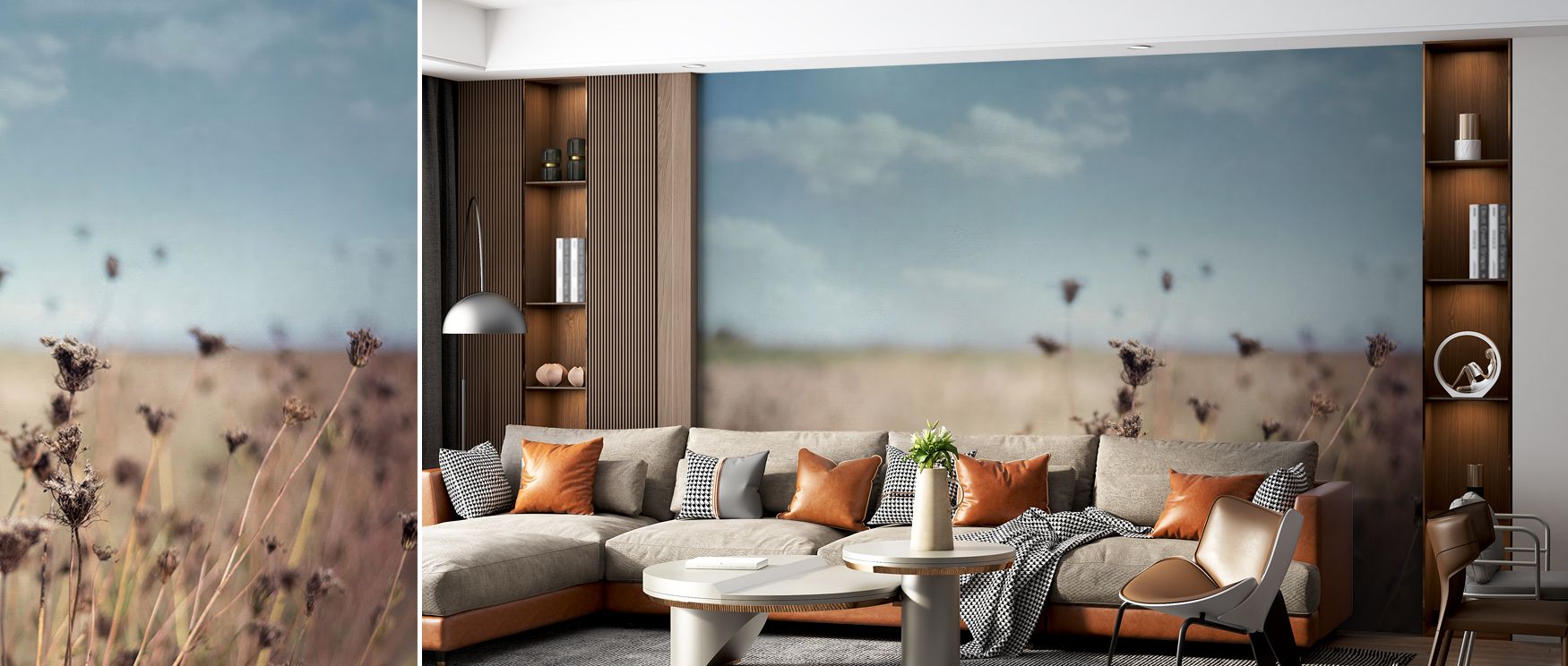 Queen Annes Lace floral mural design in cascading form enriches interiors with delicate artistry and elegance. Bedrooms or living spaces glow with timeless charm, transforming plain walls into gardens filled with beauty. 