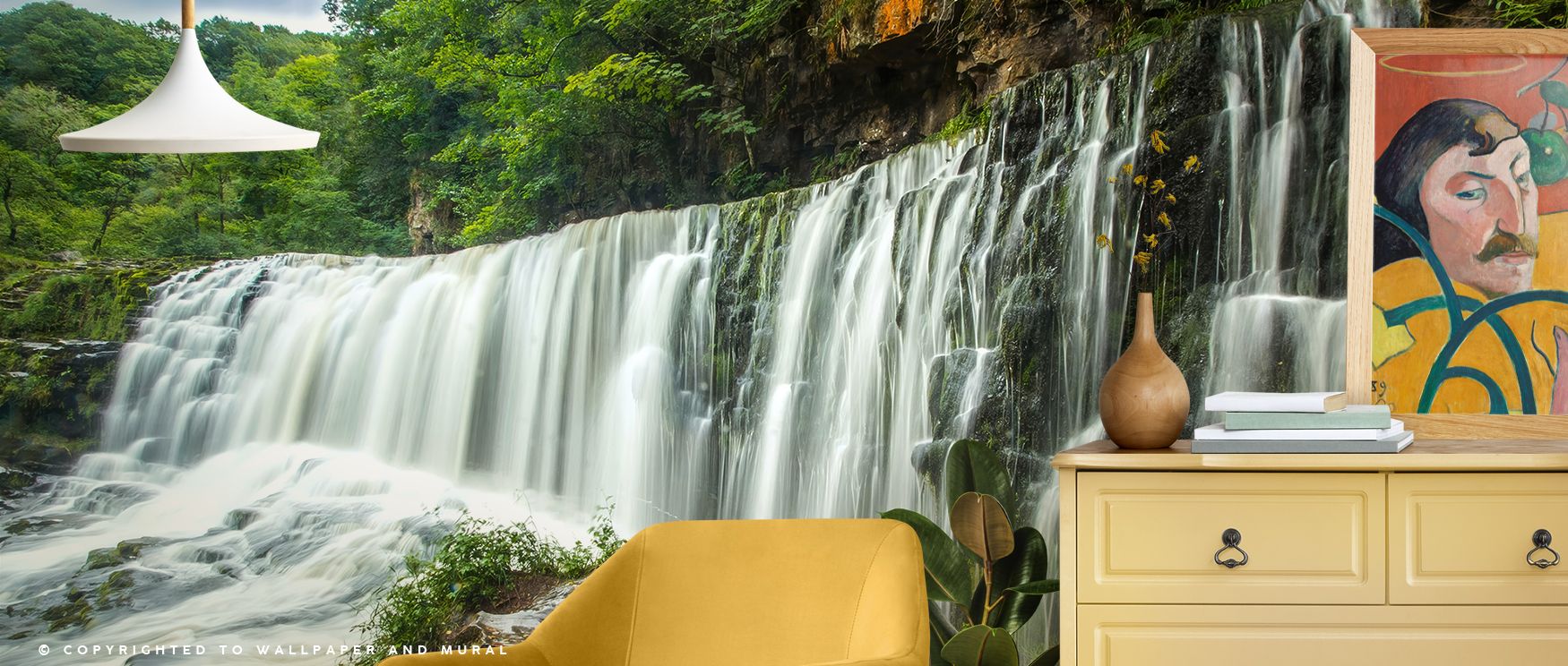 Cascading waterfall mural wallpaper captures the essence of tranquility. Bedrooms or lounges glow with natural charm and artistry, turning interiors into peaceful sanctuaries filled with calm, balance, and refreshing inspiration. 