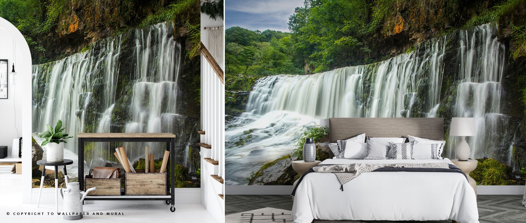 Tranquil water wallpaper design featuring falling cascades adds refreshing artistry to interiors. Bathrooms, bedrooms, or living rooms glow with calmness, creating restful retreats filled with beauty and serene atmosphere. 