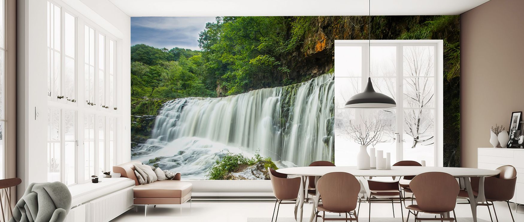 Waterfall scenic wallpaper design enriches interiors with artistic calmness. Bedrooms or living spaces glow with peace and refreshing energy, transforming walls into serene backdrops filled with beauty. 