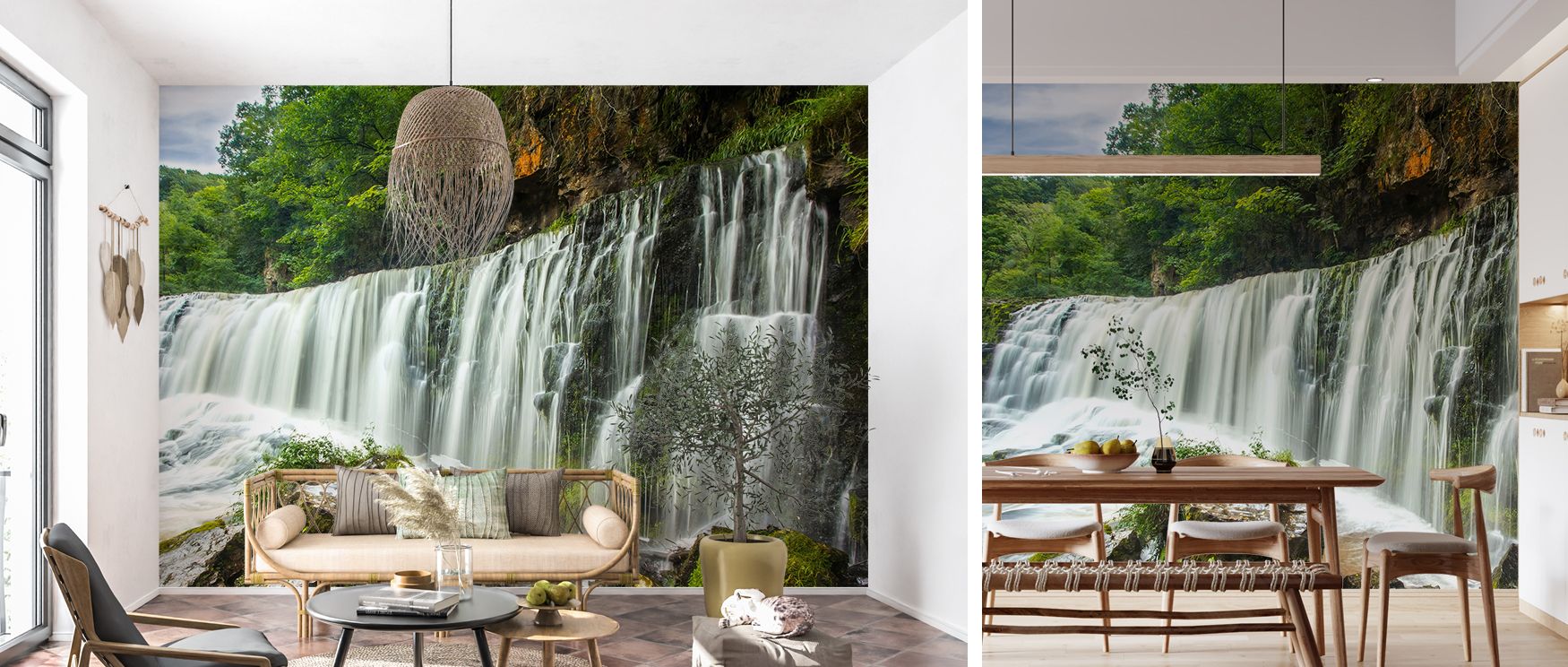 Falling water scenic wallpaper mural enriches interiors with soothing artistry. Living rooms or bathrooms glow with peace, transforming walls into tranquil backdrops filled with refreshing natural energy and timeless charm. 