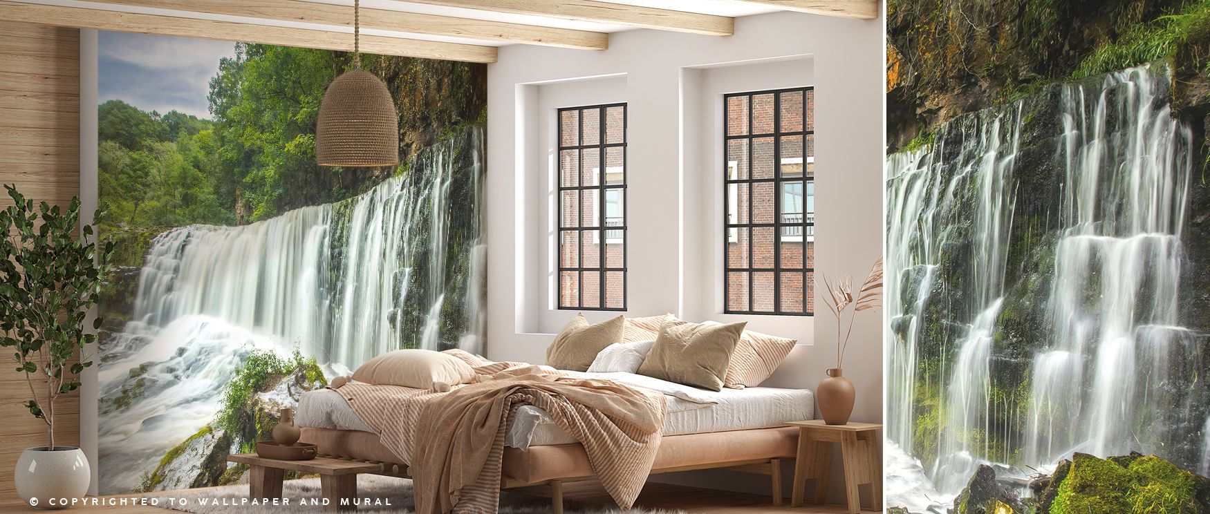A scenic waterfall wallpaper mural creates interiors filled with refreshing calmness and beauty. Bedrooms or living rooms glow with artistic serenity, turning walls into restful retreats filled with peace and balance. 