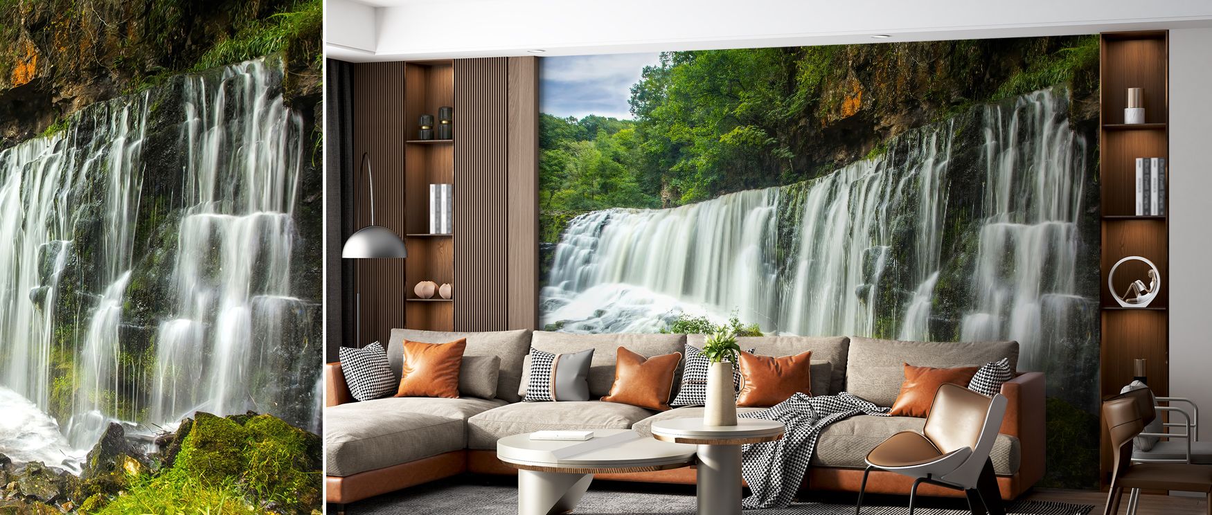 Tranquil waterfall mural wallpaper design enriches interiors with natural charm and artistry. Bathrooms or bedrooms glow with calm beauty, transforming walls into peaceful sanctuaries filled with refreshing energy. 