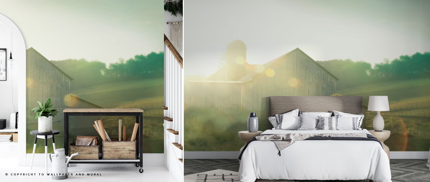 Farm morning scenic wallpaper mural with soft hues enriches interiors with calm beauty. Living rooms or bedrooms glow with pastoral artistry, creating rustic sanctuaries filled with warmth and serenity. 