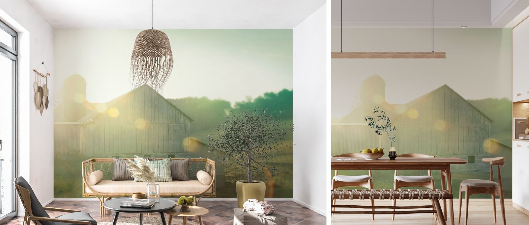 Serene farm wallpaper mural with gentle morning light enriches interiors with rustic beauty. Kitchens or bedrooms glow with tranquility, turning walls into artistic backdrops filled with calm charm and warmth. 
