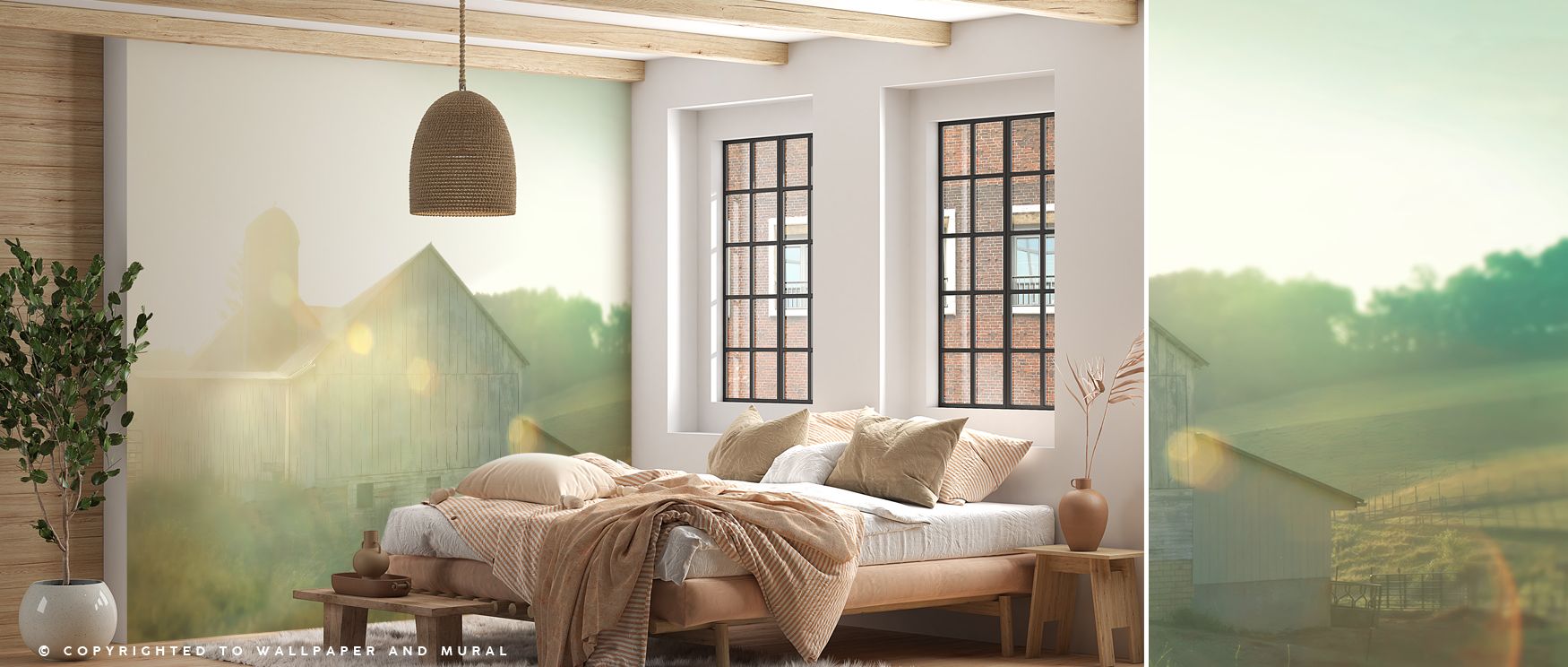 A pastoral wallpaper mural depicting farm mornings enriches interiors with rustic artistry. Living rooms or kitchens glow with countryside calm, creating sanctuaries filled with natural charm, beauty, and warmth. 
