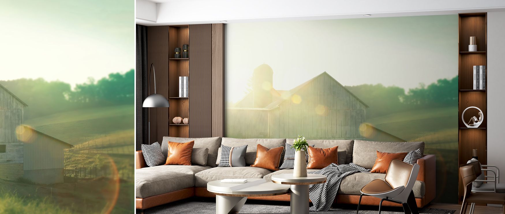 Farm scenic wallpaper mural with morning light enriches interiors with rustic grace. Bedrooms or living rooms glow with tranquility, turning walls into serene backdrops filled with warmth and artistry. 