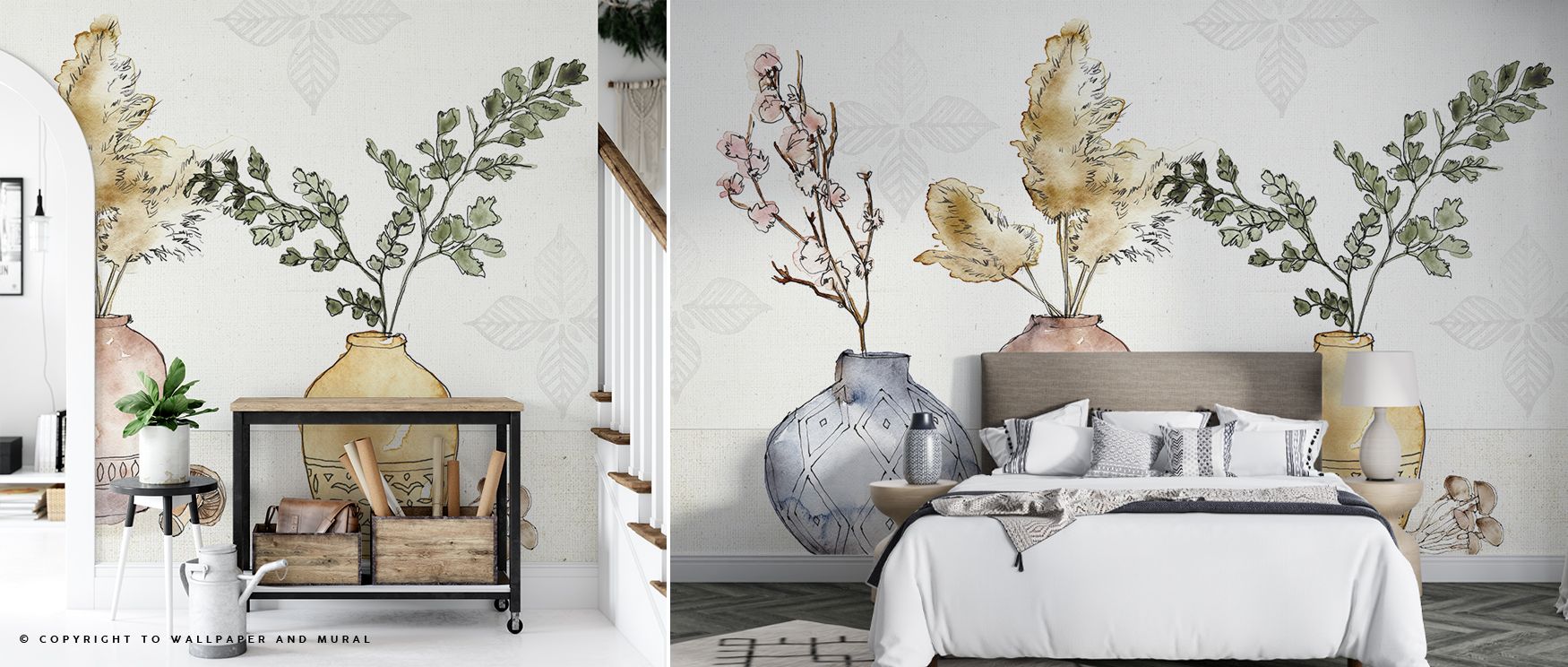 A farmhouse-inspired wallpaper mural brings rustic warmth into interiors. Dining rooms or kitchens glow with inviting charm, creating homely sanctuaries enriched with timeless beauty, natural textures, and countryside simplicity. 