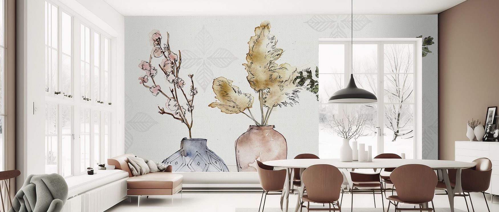 Rustic farmhouse wallpaper mural enhances interiors with natural textures and inviting artistry. Living rooms or dining rooms glow with warmth, turning walls into cozy backdrops filled with countryside charm. 