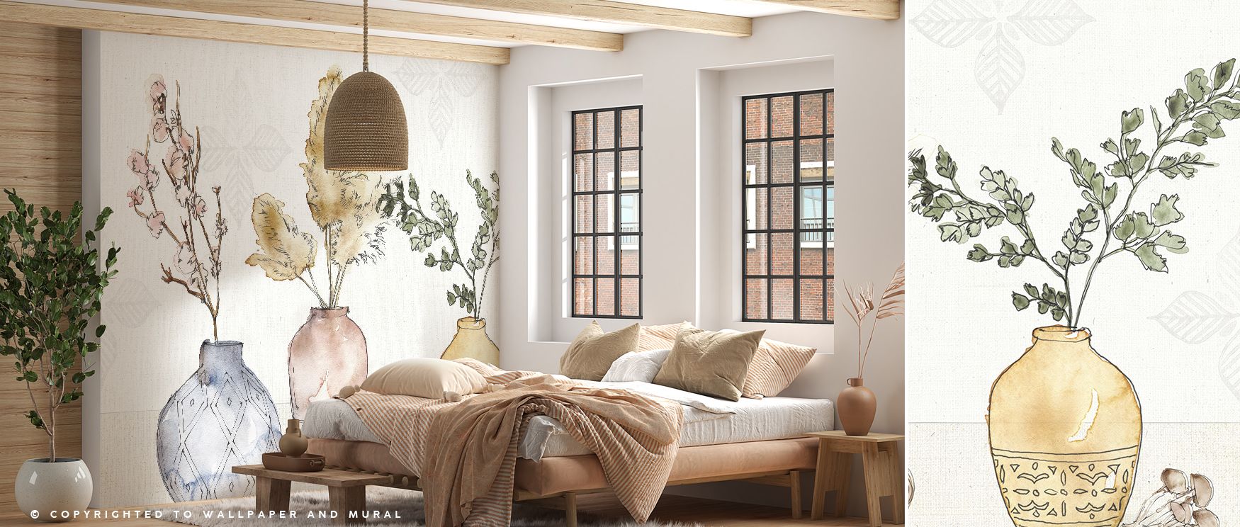 Natural tones and farmhouse-inspired patterns enrich this rustic wallpaper mural. Living rooms or dining spaces glow with inviting charm, transforming walls into cozy backdrops filled with warmth, artistry, and timeless simplicity. 