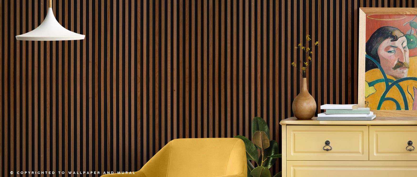 Faux wood panel wallpaper design featuring slatted details enriches interiors with rustic artistry. Bedrooms or living spaces glow with warmth, turning walls into natural backdrops filled with charm and timeless elegance. 