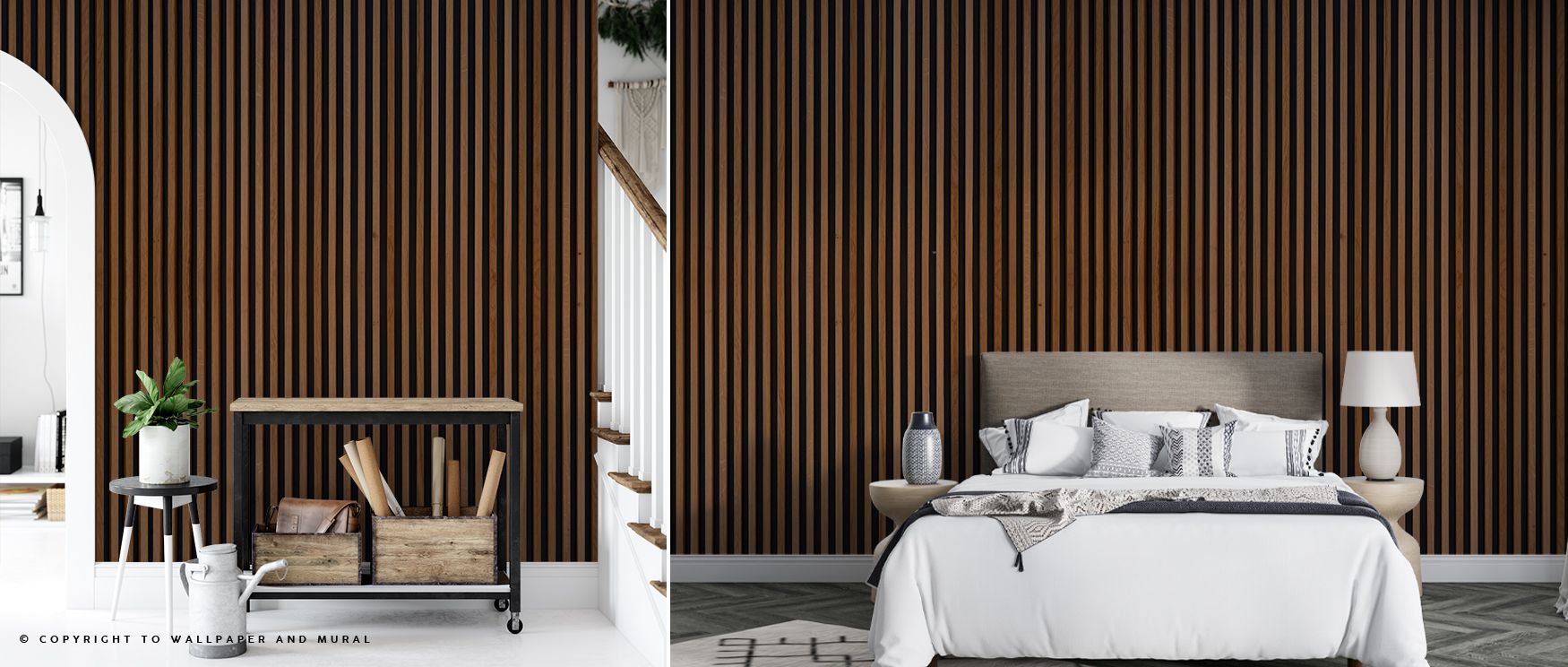 Slatted wood panel wallpaper mural brings rustic warmth into interiors. Offices or living rooms glow with natural artistry, creating inviting backdrops filled with timeless charm and cozy beauty. 