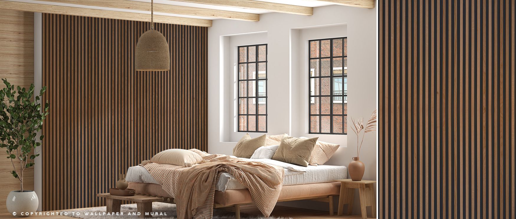 Faux slatted wood panel wallpaper mural creates interiors enriched with rustic beauty. Bedrooms or offices glow with warmth, turning spaces into cozy retreats filled with natural artistry and timeless design. 