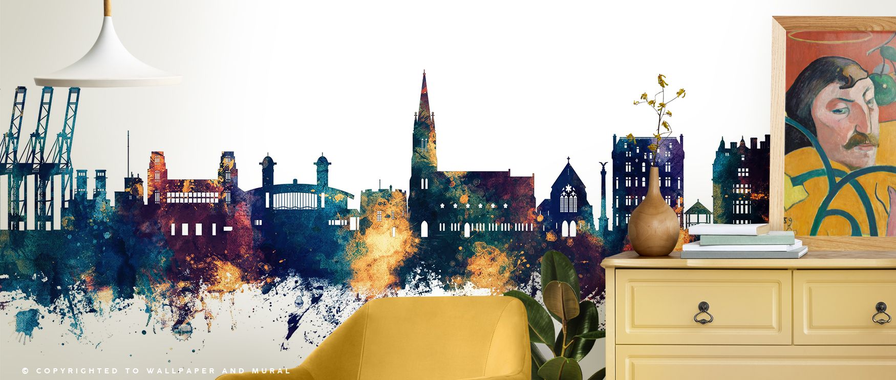Blue and bronze Felixstowe skyline mural captures coastal charm with refinement. Interiors glow with timeless beauty, turning living rooms or offices into cultural sanctuaries filled with artistry, pride, and sophisticated character. 