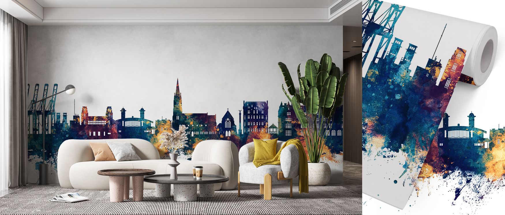Felixstowe skyline wallpaper mural in elegant blue and bronze transforms interiors with timeless artistry. Offices or living rooms glow with refinement, turning walls into cultural sanctuaries filled with charm, sophistication, and coastal character. 