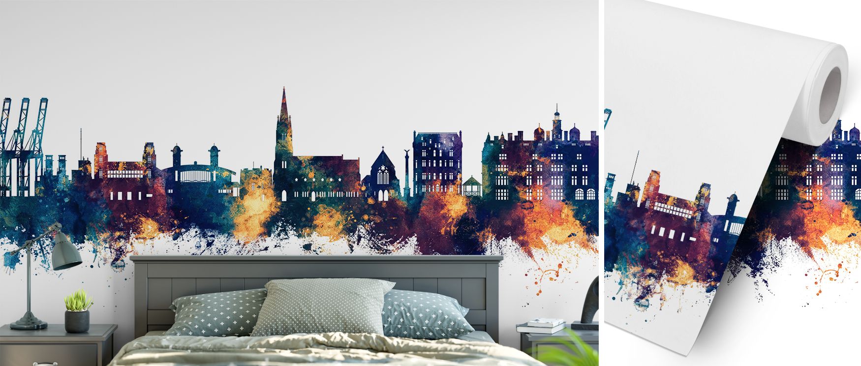 Blue and bronze Felixstowe skyline wallpaper mural captures architectural beauty with refined tones. Living rooms or offices glow with sophistication, creating stylish cultural backdrops filled with charm, character, and modern artistry inspired by coasta