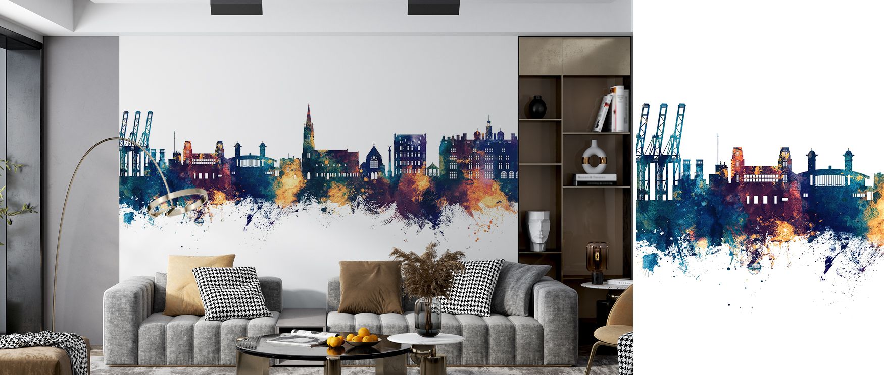 Skyline mural wallpaper featuring Felixstowe in blue and bronze tones enriches interiors with refinement and artistry. Living rooms or offices glow with cultural pride, creating stylish spaces filled with timeless elegance. 