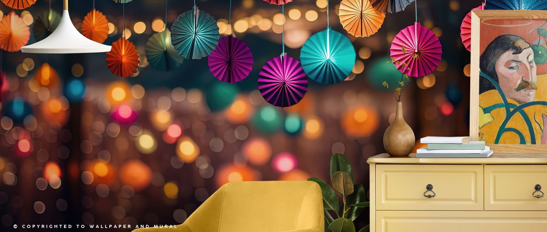 Vibrant festival wallpaper mural showcasing colorful artistry enriches interiors with charm. Playrooms or living rooms glow with joy, turning walls into celebratory spaces filled with vibrancy, excitement, and warmth. 