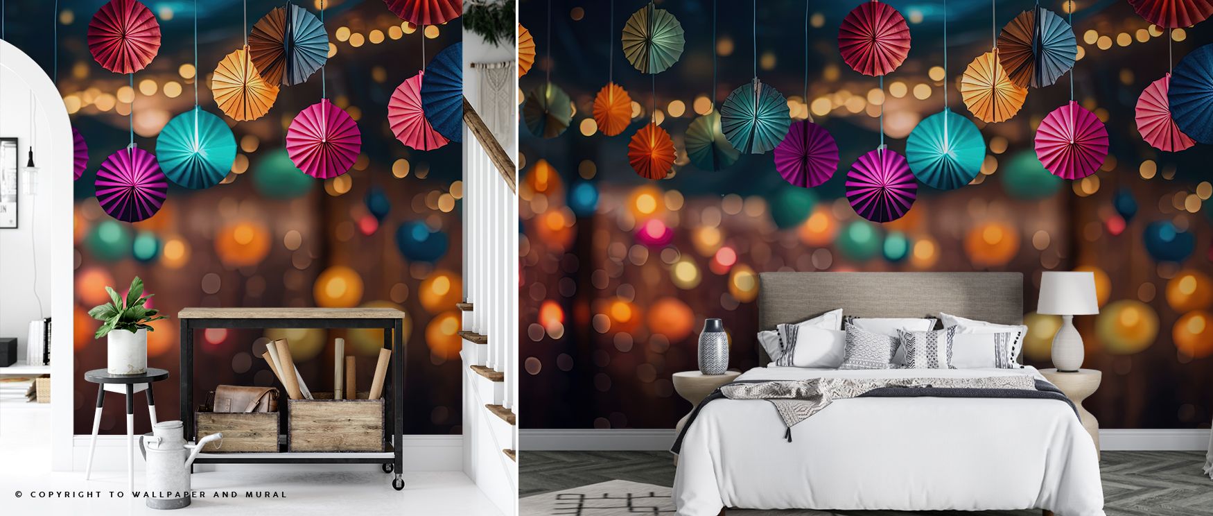 Festive Festival Room wallpaper design with playful artistry fills interiors with color and charm. Living rooms or entertainment spaces glow with joy, creating lively atmospheres filled with celebration, energy, and creativity. 