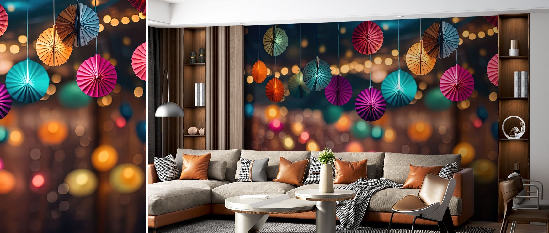 Festive Room wallpaper mural bursting with color enriches interiors with lively artistry. Living rooms or playrooms glow with celebration, creating cheerful backdrops filled with joy and creative charm. 
