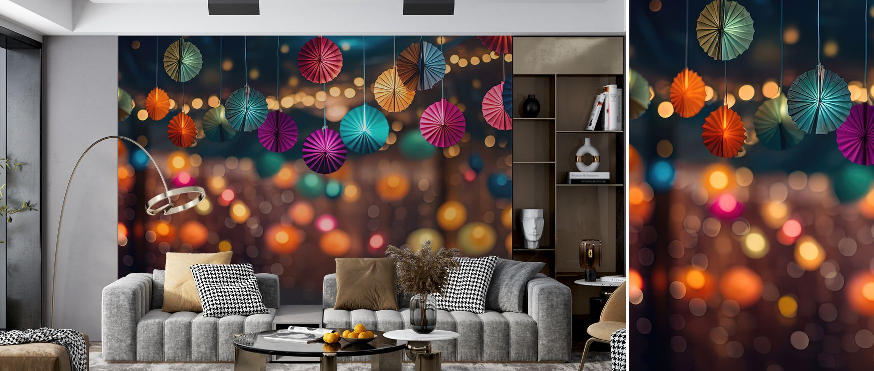 Colorful festival-inspired wallpaper mural creates interiors filled with joy and energy. Playrooms or living rooms glow with charm, turning walls into lively sanctuaries enriched with vibrancy and artistry. 