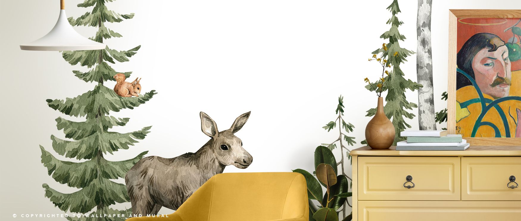 Whimsical fir forest wallpaper mural with animals enriches interiors with charm and artistry. Nurseries or playrooms glow with whimsy, turning walls into magical sanctuaries filled with joy, warmth, and playful imagination. 