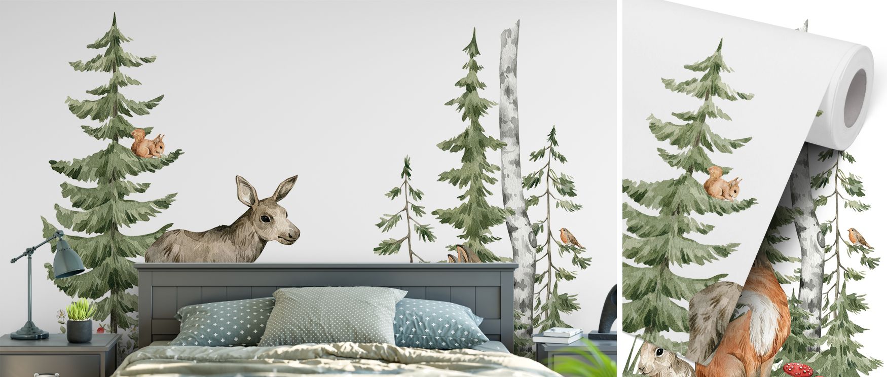 Forest pals wallpaper mural featuring woodland animals enriches interiors with whimsical charm. Children’s rooms or nurseries glow with joy, turning walls into enchanting backdrops filled with warmth, imagination, and play. 