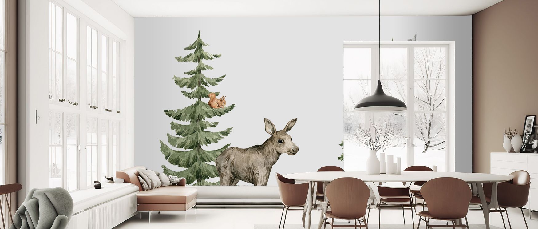 Woodland pals wallpaper mural enriched with whimsical imagery creates interiors filled with warmth. Nurseries or playrooms glow with artistry, turning walls into playful backdrops filled with creativity. 