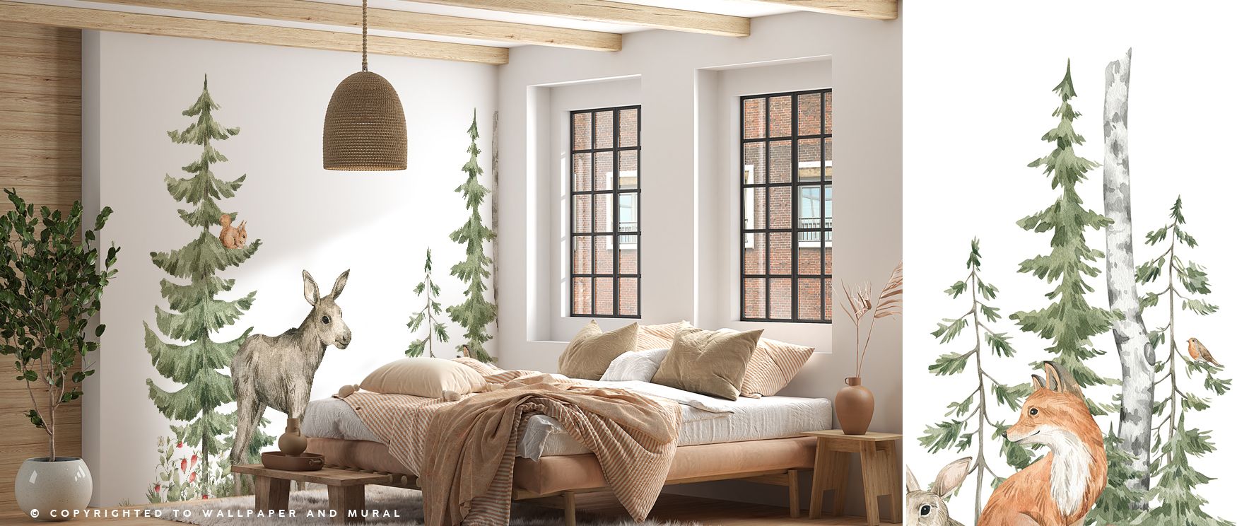 Whimsical Fir Forest wallpaper mural creates interiors enriched with woodland charm. Playrooms or nurseries glow with imagination, turning walls into whimsical spaces filled with joy, artistry, and playful beauty. 