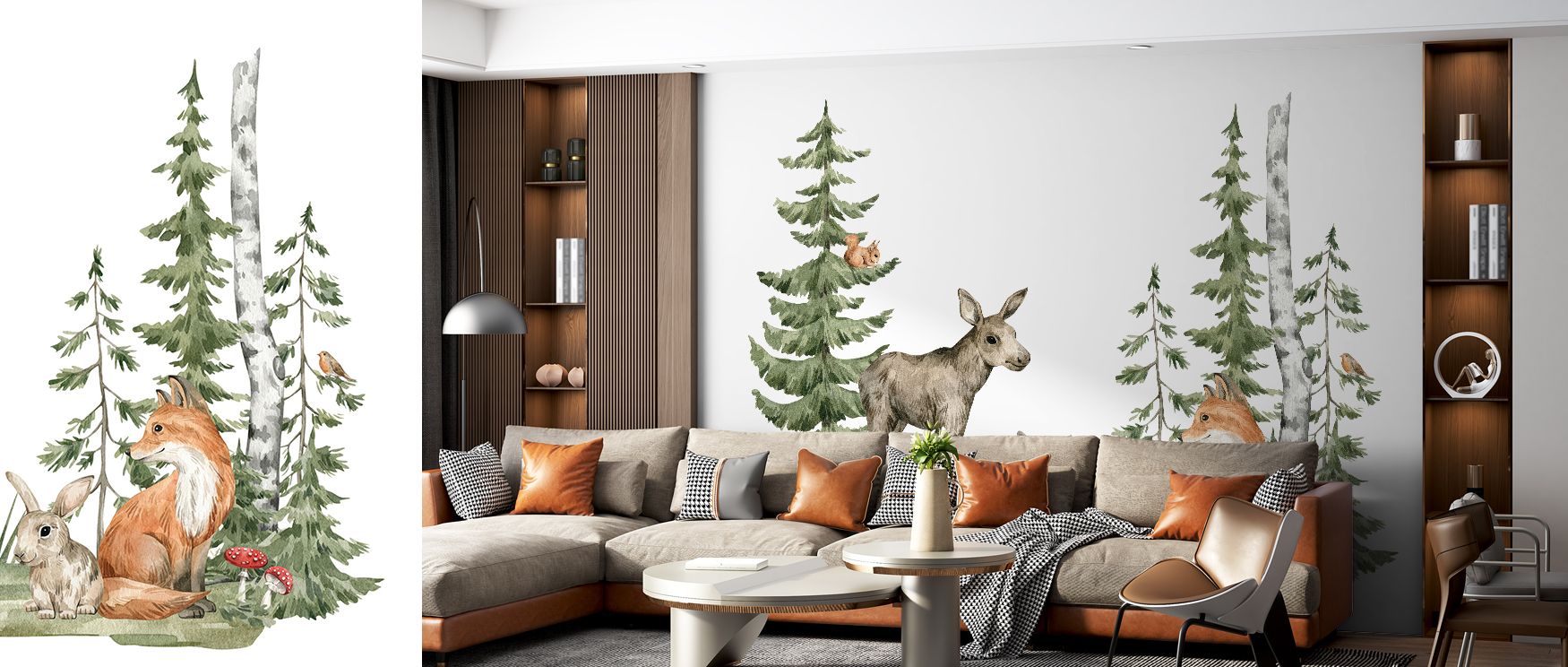 Animal friends among fir trees depicted in whimsical wallpaper mural enrich interiors with imagination. Nurseries or playrooms glow with charm, creating joyful backdrops filled with warmth and artistic whimsy. 