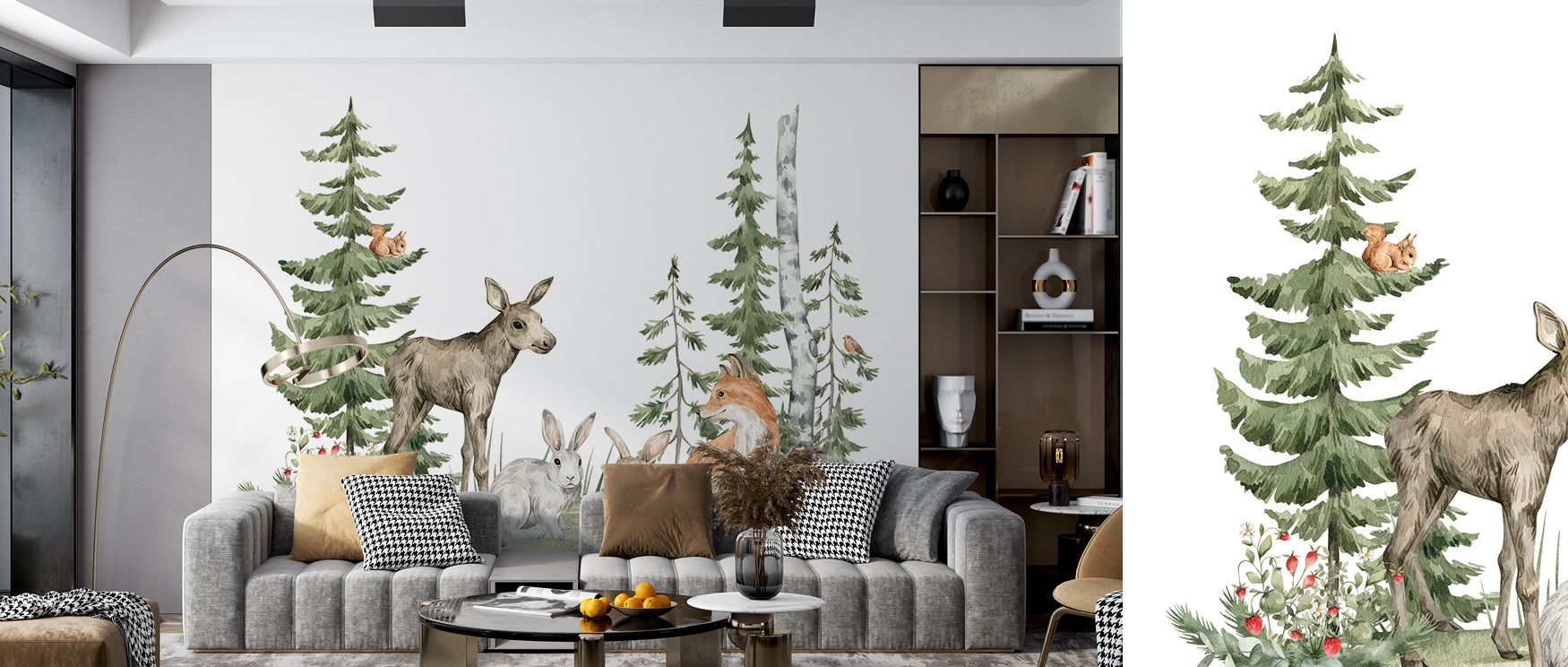 Whimsical wallpaper mural featuring forest pals enriches interiors with artistry. Children’s rooms or nurseries glow with imagination, turning walls into joyful sanctuaries filled with charm and playful beauty. 