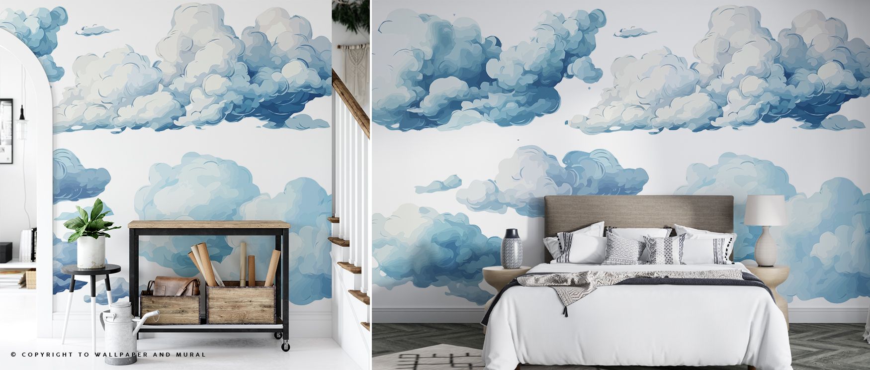 Floating sketches of clouds decorate this wallpaper with a sense of grace and calm. Light shading and airy patterns transform rooms into serene sanctuaries, ideal for bedrooms and living rooms. The design’s simplicity allows interiors to shine with natura