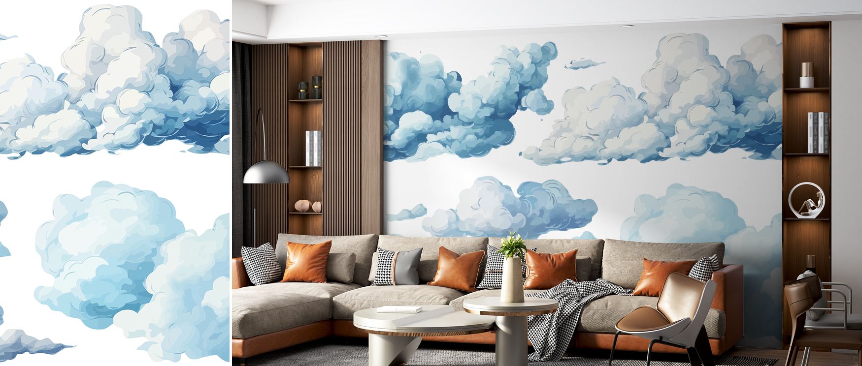 Featuring artistic sketches of floating clouds, this wallpaper adds refinement and tranquility to interiors. Bedrooms and living rooms become sanctuaries of peace, where light and subtle artistry shape the atmosphere. The design captures a mood of eleganc