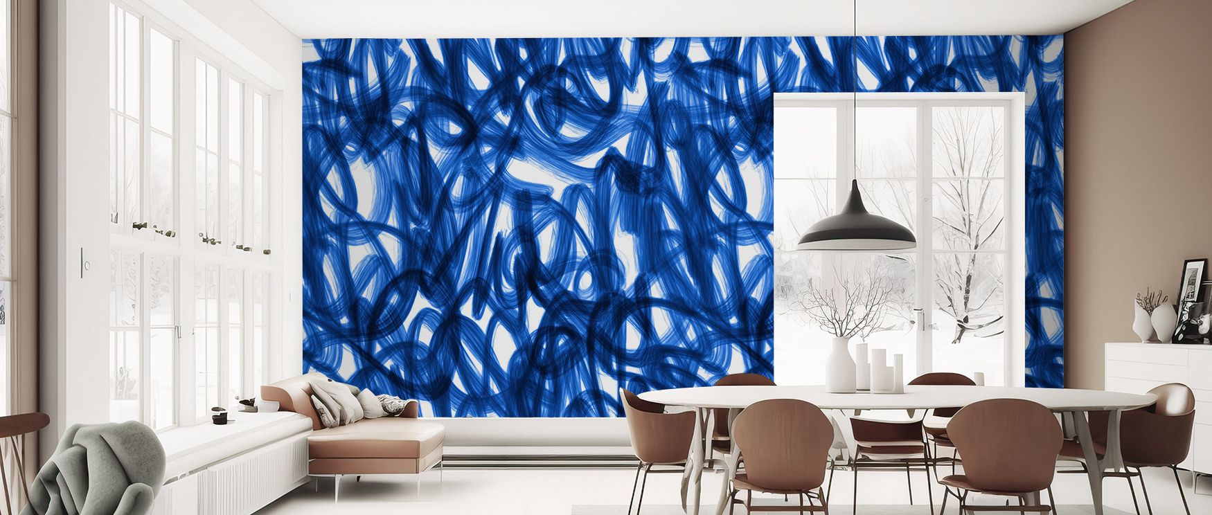 This wallpaper design features floating abstract scribbles, evoking energy and creativity. Bedrooms and offices glow with artistic expression as the design transforms walls into captivating backdrops of modern elegance and abstract rhythm, reflecting uniq