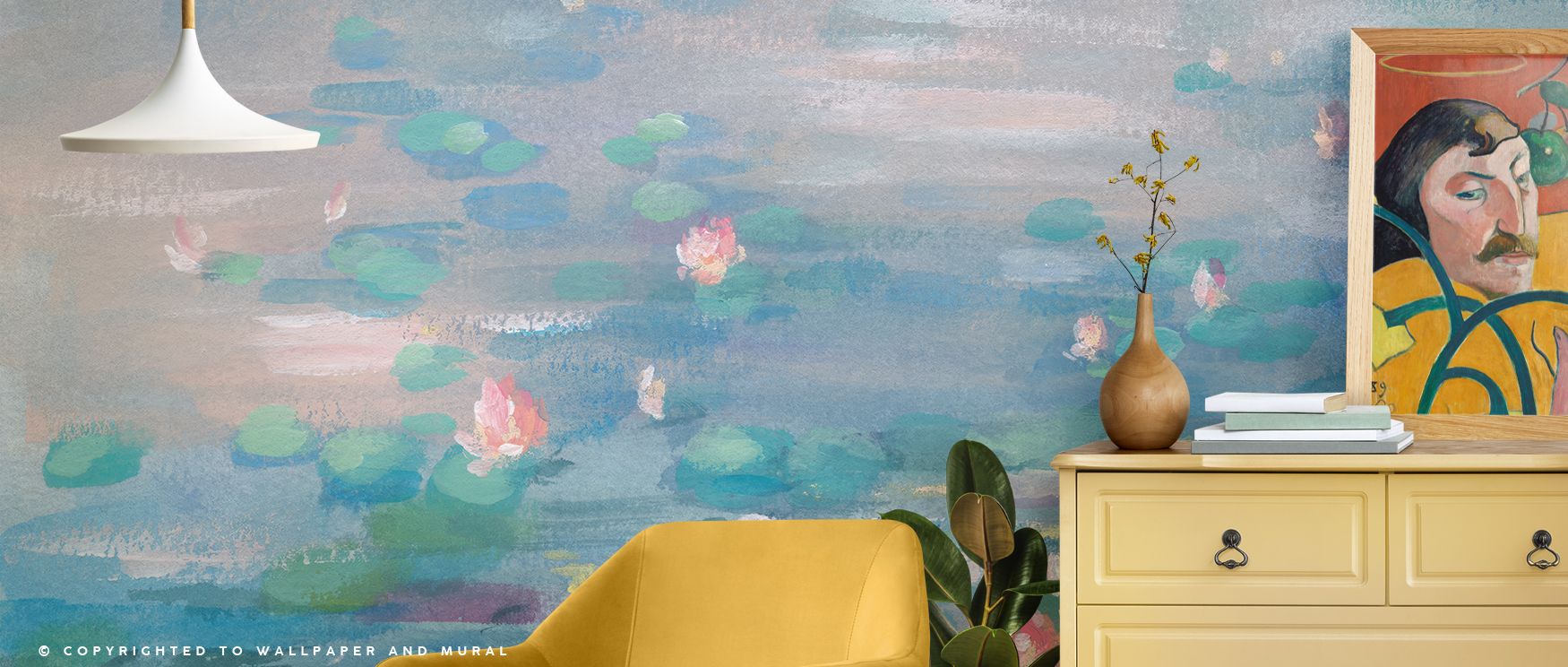 Waterlily motifs drift peacefully across this wallpaper, capturing refreshing beauty. Designed for bedrooms, bathrooms, or living rooms, it turns interiors into calming retreats filled with delicate artistry, making walls appear serene, soft, and timeless