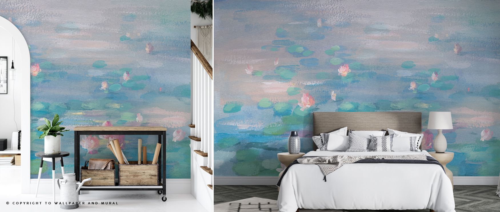 The design features waterlilies floating on a soft pond, creating serenity and elegance in interiors. Ideal for bedrooms or lounges, it enhances walls with gentle imagery that inspires calm reflection and brings a soothing natural atmosphere into the home
