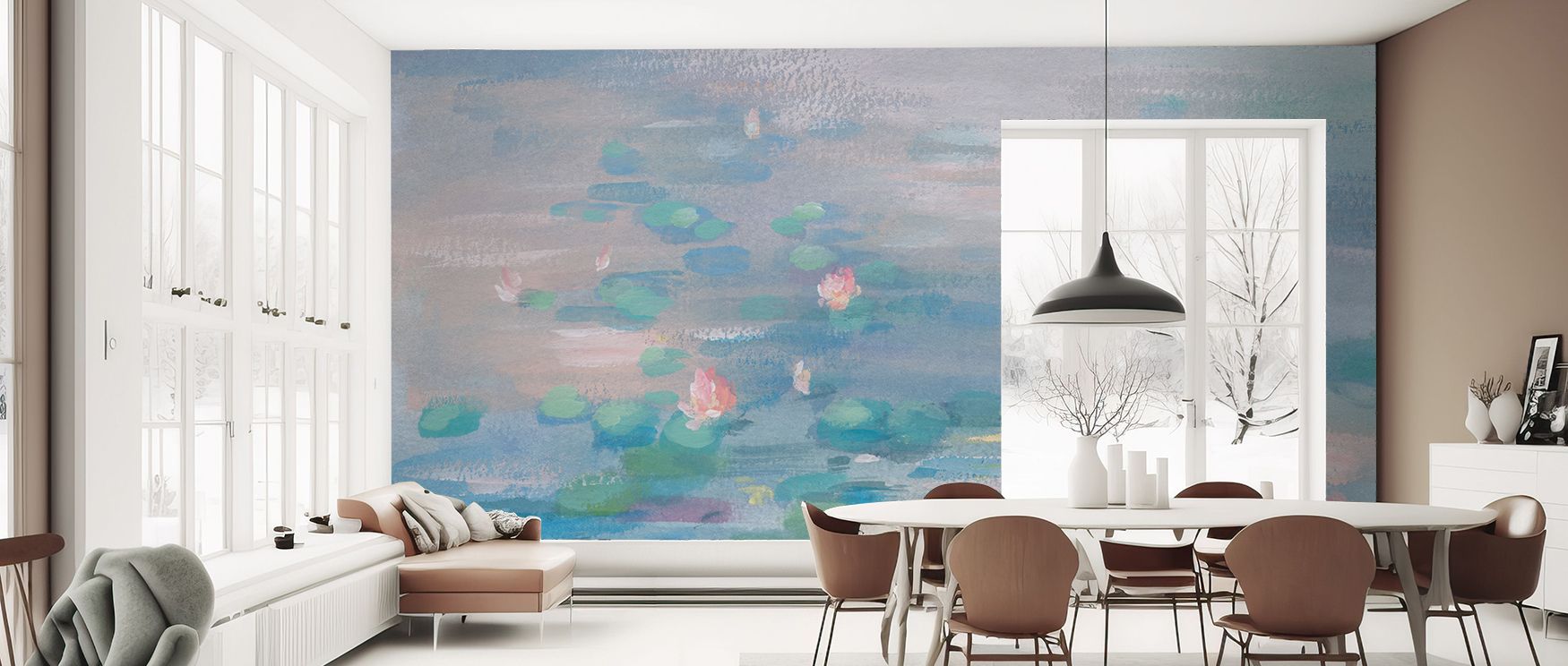 Waterlilies appear across this wallpaper in soft forms, enriching bedrooms or bathrooms with tranquility. The design captures calmness and natural beauty, filling walls with gentle detail that transforms homes into refreshing, timeless sanctuaries. 
